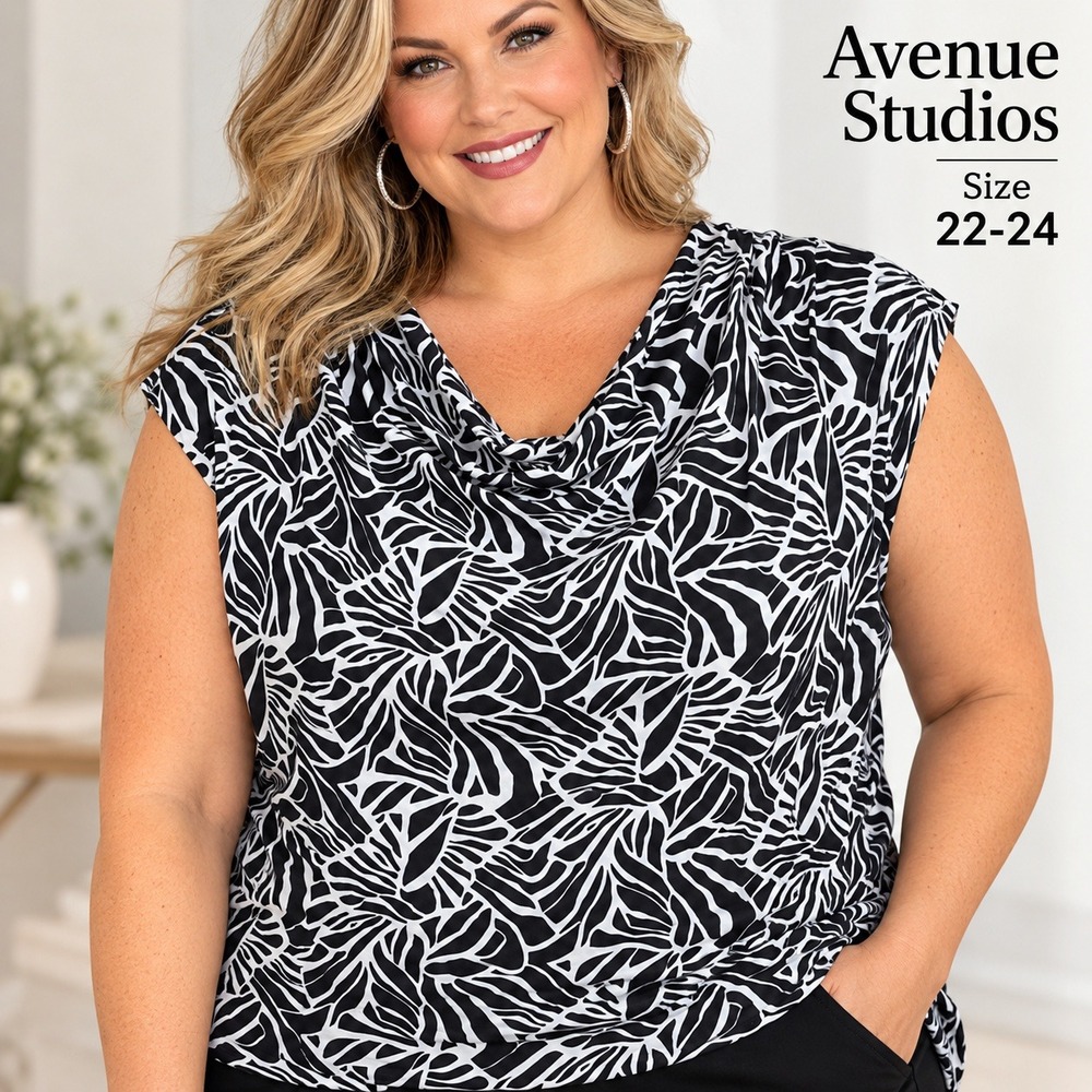 Avenue Studio Black White Abstract Print Cowl Neck Cap Sleeve Top Plus 22/24
